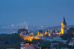 Turkey, Istanbul, Sultanahmet, Topkapi Palace and First Bosphorus Bridge