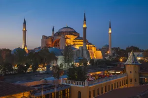 Roof Terrace Prints: Turkey, Istanbul, View of Four Seasons Hotel roof terrace and Haghia Sophia, - Aya
