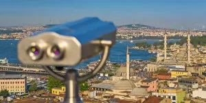 Images Dated 13th June 2014: Turkey, Istanbul, View over Sultanahmet, The Golden Horn and Bosphorus, Tourist Binoculars