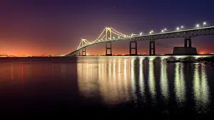 Suspension Bridge Prints: Twilight over the Clairborne Pell Bridge on Narragansett Bay, Jamestown, Rhode Island, USA