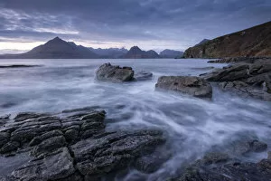 Twilight over the Cuillin mountains from Elgol on the Isle of Skye, Scotland, UK