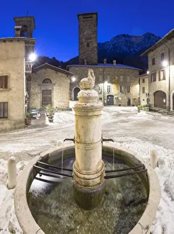 Squares Prints: Twilight in the main square of Gromo, Val Seriana, Bergamo province, Lombardy, Italy
