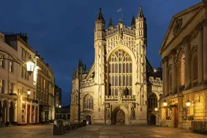 Twilight view of Bath Abbey, Bath, Somerset, England. Summer (June) 2019