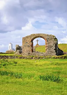 Anglesey Prints: Twr Mawr lighthouse, St Dwynwen Church ruins and a cross on Llanddwyn Island in Anglesey
