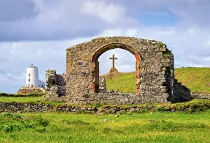 Anglesey Prints: Twr Mawr lighthouse, St Dwynwen Church ruins and a cross on Llanddwyn Island in Anglesey