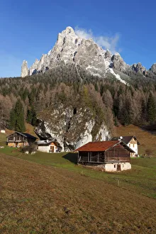 Trento Prints: Typical alpine huts in Fosne, Primiero valley, Dolomites, Veneto, Italy