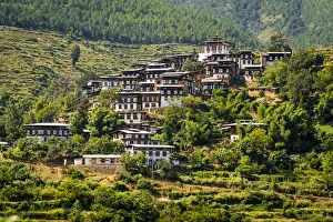 Typical bhutanese houses with temple on top. Timphu district, Bhutan