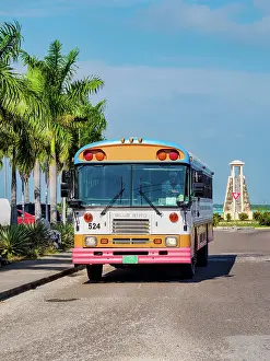 Public Transport Prints: Typical Blue Bird Bus at the street of Belize City, Belize District, Belize