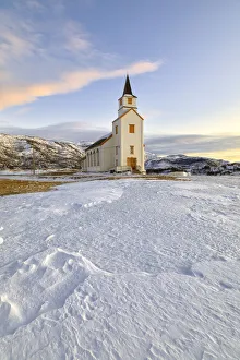Troms County Prints: Typical church with Lyngen Alps, Mestervik, Troms county, Norway