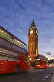 Bell Towers Prints: Typical double decker bus and Big Ben. London England