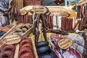 Typical German sausages on display in a butcher shop, Rothenburg ob der Tauber, Bavaria