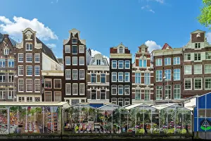 Apartments Prints: Typical houses and flower market Bloemenmarkt on Singel canal, Amsterdam, Netherlands