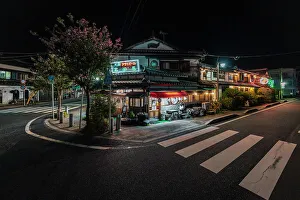 Nightlife Prints: Typical Japanese inn restaurant with neon lights at night, Kyoto district, Japan