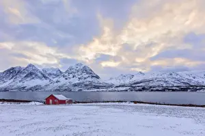 Lyngen Fjord Prints: Typical Rorbu in the snowy landscape surrounded by the frozen sea and high peaks Svensby