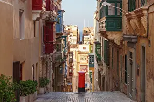 Valletta Prints: Typical Street Scene in the heart of Valletta Red British Mail Box, Valletta, Malta
