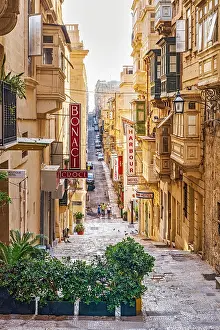 Valletta Prints: Typical Street Scene in the heart of Valletta with Red British Mail Box, Valletta, Malta
