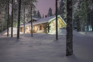 Polar Region Prints: Typical wood chalet of Finland during night, Kittila, Lapland, Finland