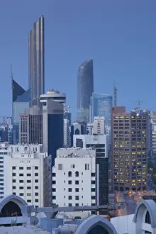 Abu Dhabi Emirate Prints: UAE, Abu Dhabi, elevated skyline from Corniche Road East, dawn