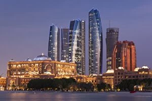 Abu Dhabi Emirate Gallery: UAE, Abu Dhabi, Etihad Towers and Emirates Palace Hotel, dusk