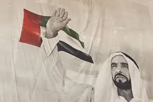 UAE, Abu Dhabi, mural of former leader Sheikh Zayed bin Sultan