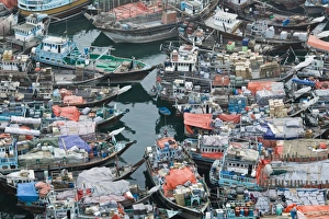 UAE, Dubai, Deira, Aerial View of Dhow Wharves