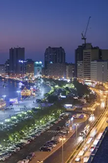 Emirate Prints: UAE, Dubai, Deira, elevated view of Dubai Creek, dusk