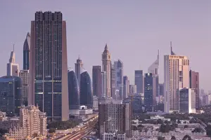 Dubai Emirate Prints: UAE, Dubai, Downtown Dubai, Downtown hi rise buildings, elevated view