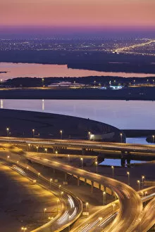 UAE, Dubai, Downtown Dubai, elevated desert and highway view towards Ras Al Khor, dawn