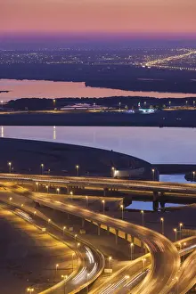 Emirate Prints: UAE, Dubai, Downtown Dubai, elevated desert and highway view towards Ras Al Khor, dawn