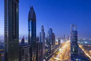 UAE, Dubai, Downtown Dubai, high rise buildings along Sheikh Zayed Road, elevated view
