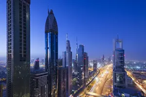 Dubai Emirate Prints: UAE, Dubai, Downtown Dubai, high rise buildings along Sheikh Zayed Road, elevated view
