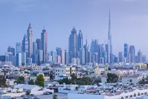 Arabian Gulf Prints: UAE, Dubai, Jumeira, skyscrapers along Sheikh Zayed Road, skyline from Jumeira, dusk