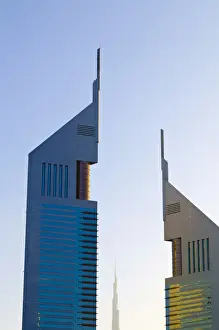 UAE, Dubai, Sheikh Zayed Road, Emirates Towers and Burj Khalifa beyond