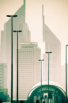Public Transportation Prints: UAE, Dubai, Trade Centre Road, Emirates Towers with Al Karama Metro Station in foreground