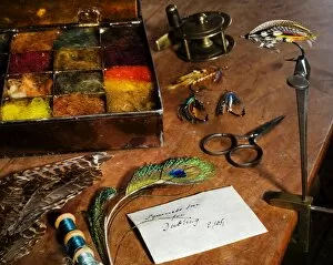 Images Dated 17th September 2008: UK. Antique fly-tying equipment with a traditionally