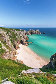 Celtic Sea Prints: UK, England, Cornwall, Porthcurno, Pedn Vounder Beach and Logan Rock Headland