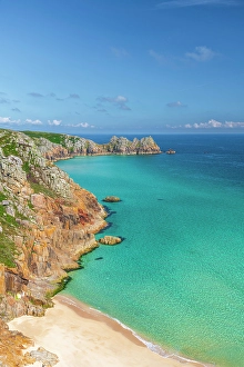 Cornish Prints: UK, England, Cornwall, Porthcurno, Green Bay Beach and Logan Rock Headland