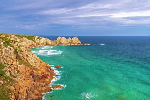 Celtic Sea Prints: UK, England, Cornwall, Porthcurno, Green Bay Beach and Logan Rock Headland