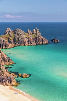 Celtic Sea Prints: UK, England, Cornwall, Porthcurno, Pedn Vounder Beach and Logan Rock Headland