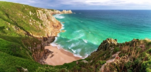 West Country Prints: UK, England, Cornwall, Porthcurno, Green Bay Beach and Logan Rock Headland