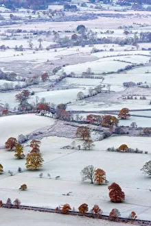 Elevated Viewpoint Prints: UK, England, Cumbria, Lake District, Keswick, frosty valley floor north of Keswick