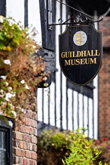Images Dated 23rd October 2020: UK, England, Kent, Sandwich, Wood sign of the Guildhall Museum in the building of the