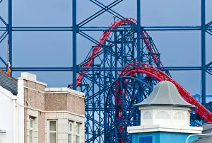UK, England, Lancashire, Blackpool, Big Dipper Roller Coaster and houses UK, England, Lancashire, Blackpool, Big Dipper Roller Coaster and houses