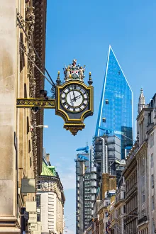 UK, England, London, City of London, Cornhill, Royal Exchange Clock with Lloyds of London