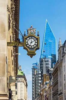 UK, England, London, City of London, Cornhill, Royal Exchange Clock with Lloyds of London