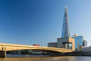 Buses Prints: UK, England, London, London Bridge over River Thames and The Shard