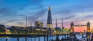 UK, England, London, The Shard and Tower Bridge over River Thames