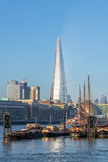 Barges Prints: UK, England, London, Southwark, Sun reflecting off the The Shard