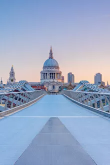 Images Dated 31st December 2018: UK, England, London, St. Pauls Cathedral and Millennium Bridge over River Thames