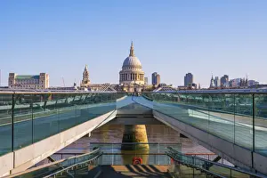 Thames Prints: UK, England, London, St. Pauls Cathedral and Millennium Bridge over River Thames